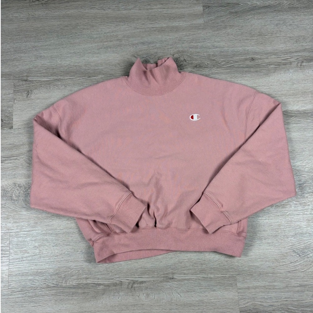 Champion Reverse Weave Mock Neck Cropped Sweatshirt Pink Small Womens